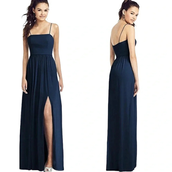 Dessy Thread Spaghetti Strap Chiffon Bridesmaid Dress Front Slit Gown Navy 12 - Picture 1 of 10